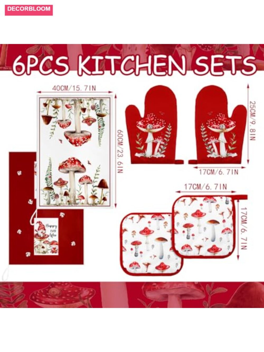 6-Piece Mushroom Kitchen Towel Set with Oven Mitts and Pot Holders - Picture 2 of 6